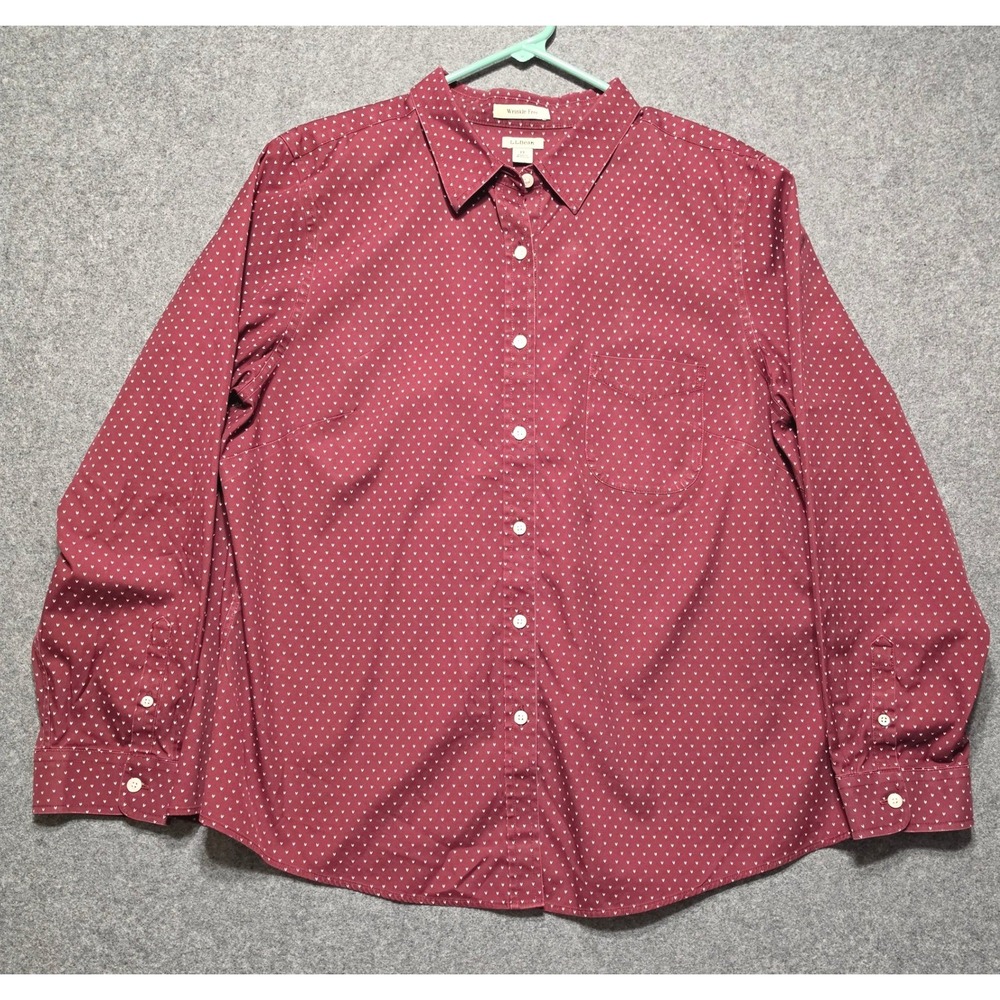 LL Bean Wrinkle Free Shirt Womens 1X Burgundy Red Print Button Down 504318